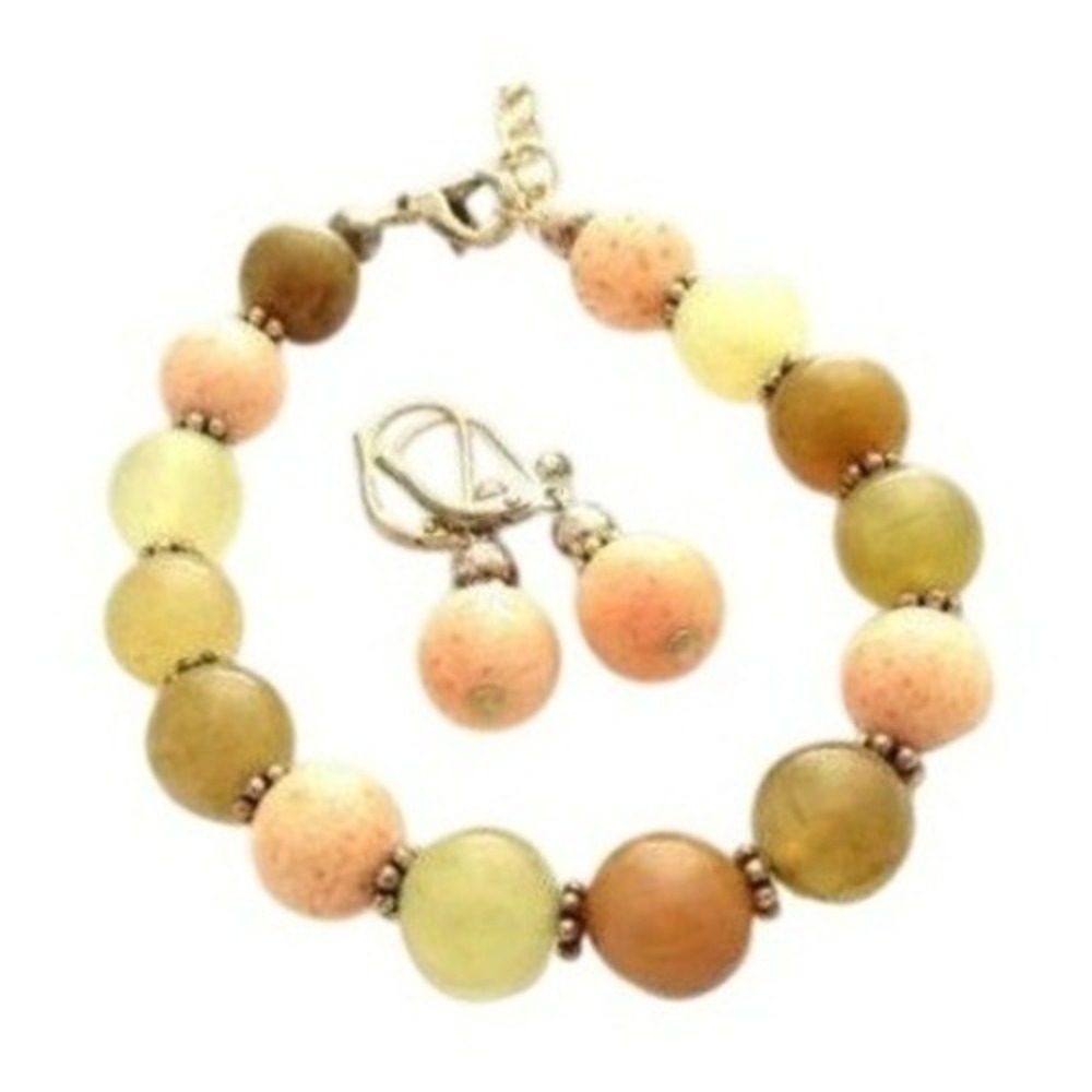 Pretty Artisan Made‎ Moss Green Agate Pale Peach Gemstone Bracelet & Earring Set